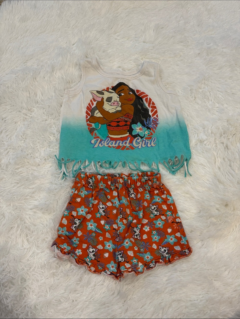 Disney Island Girl Teal and Orange Fringe Tank + Floral Shorts Matching Set
